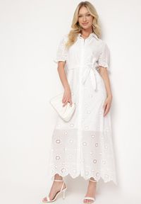 Born2be - Biała Koszulowa Sukienka z Ażurowym Haftem i Bufiastymi Rękawami Lieve. Okazja: na co dzień. Kolor: biały. Materiał: materiał. Wzór: haft, ażurowy. Typ sukienki: koszulowe. Styl: casual, elegancki #7