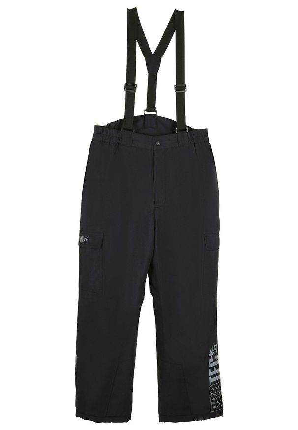 bonprix - Spodnie narciarskie cargo, wodoodporne, na szelkach, z ciepłą podszewką. Okazja: na co dzień. Kolor: czarny. Wzór: nadruk. Styl: casual