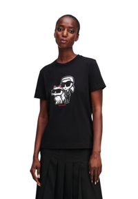 Karl Lagerfeld - KARL LAGERFELD Czarny damski t-shirt Ikon Sketch Duo. Kolor: czarny. Materiał: materiał. Wzór: nadruk #5