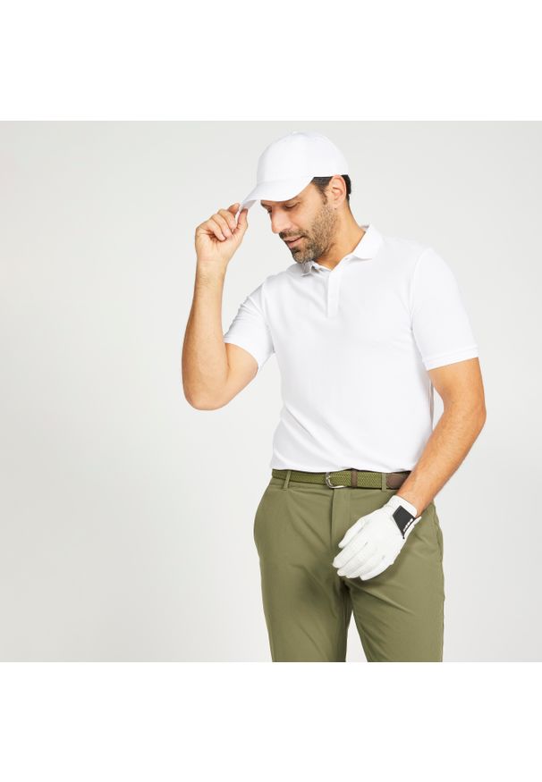 INESIS - Koszulka polo do golfa z krótkim rękawem męska Inesis WW500. Typ kołnierza: golf, polo. Kolor: biały. Materiał: materiał, poliester. Długość rękawa: krótki rękaw. Długość: krótkie. Wzór: ze splotem. Styl: sportowy