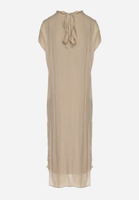 Born2be - Beżowa Sukienka Pudełkowa Ozdobiona Wiązaniem Napelira. Okazja: na co dzień. Kolor: beżowy. Materiał: jeans. Wzór: aplikacja. Styl: klasyczny, casual, elegancki #5