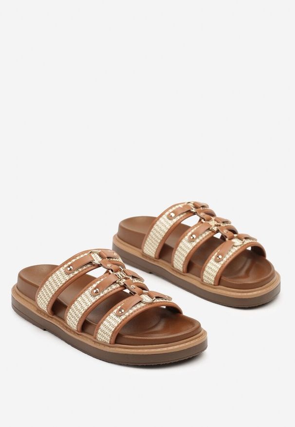 Renee - Brązowe Plecione Klapki w Stylu Gladiatorek Morillia. Okazja: na co dzień, na plażę. Kolor: brązowy. Materiał: jeans. Wzór: haft, paski. Sezon: lato. Styl: casual, elegancki, boho