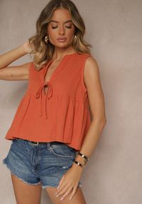 Renee - Pomarańczowa Bluzka Top z Bawełny Wiązana z Przodu z Falbanką Comila. Kolor: pomarańczowy. Materiał: bawełna. Sezon: lato