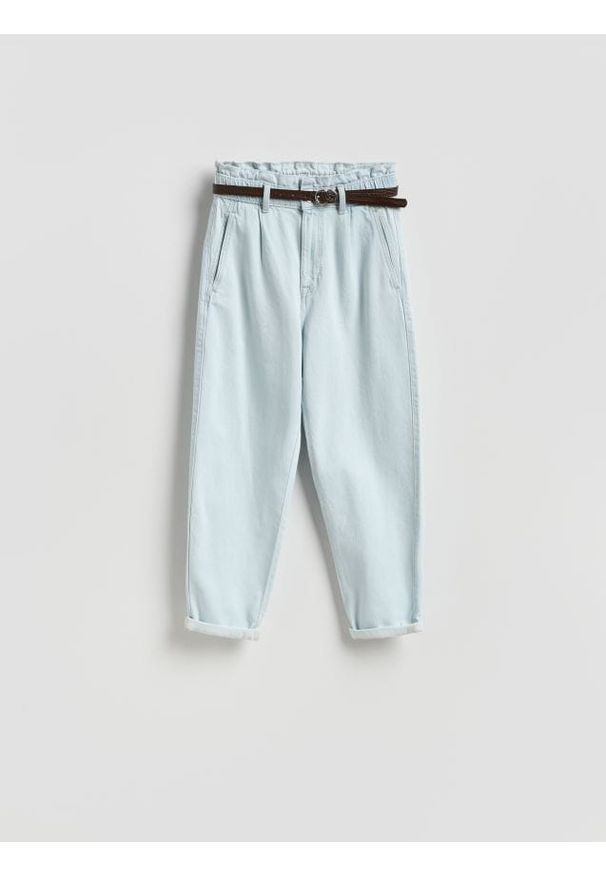 Reserved - Jeansy paperbag - turkusowy. Kolor: turkusowy