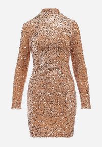 Born2be - Złota Dopasowana Sukienka Mini z Półgolfem Zdobiona Cekinami Jurottja. Kolor: złoty. Długość rękawa: długi rękaw. Wzór: aplikacja. Typ sukienki: proste. Długość: mini #5