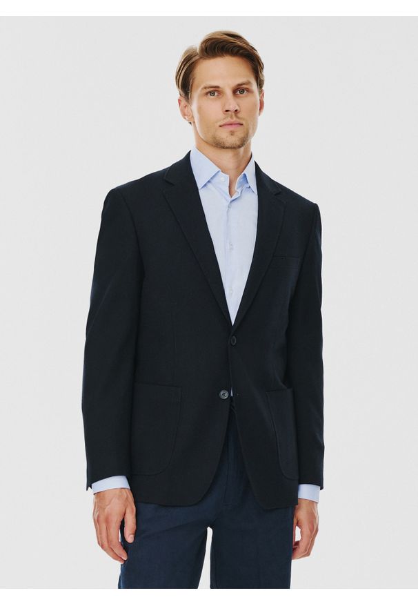Pako Lorente - PAKO LORENTE – Casualowa marynarka męska w kolorze granatowym. Okazja: na co dzień. Kolor: niebieski. Materiał: wiskoza, elastan, nylon, dzianina. Styl: casual