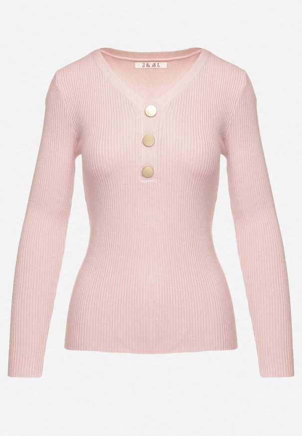 Born2be - Jasnoróżowy Sweter z Bawełną z Prążkowanego Materiału Ozdobiony Guzikami Zinfera. Okazja: na co dzień. Typ kołnierza: dekolt w serek. Kolor: różowy. Materiał: prążkowany, bawełna, materiał. Wzór: aplikacja. Styl: klasyczny, casual