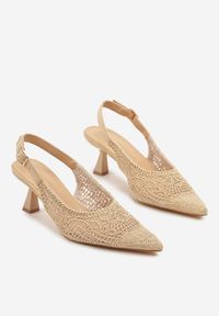 Renee - Ciemnobeżowe Haftowane Sandały na Szpilce Typu Slingback Atesia. Okazja: na co dzień, na spacer. Zapięcie: sprzączka. Kolor: beżowy. Wzór: haft. Obcas: na szpilce. Styl: casual, elegancki #4