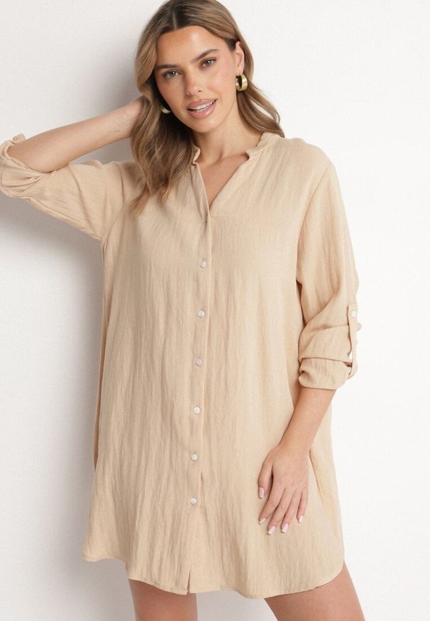 Born2be - Beżowa Sukienka Oversize z Bawełny o Prostym Kroju Koszulowym Elanistra. Kolor: beżowy. Materiał: bawełna. Typ sukienki: koszulowe, proste, oversize. Styl: klasyczny