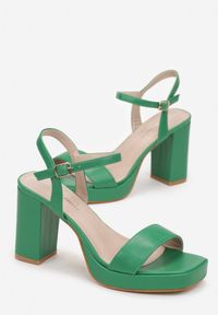 Renee - Zielone Sandały z Kwadratowym Noskiem na Słupku i Platformie Raysa. Kolor: zielony. Obcas: na platformie #5