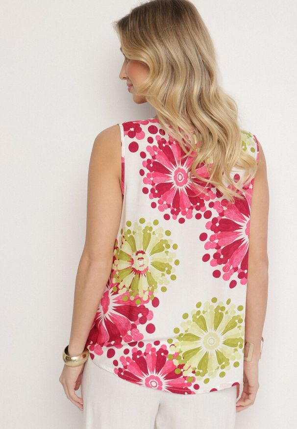 Born2be - Różowo-Beżowa Bluzka Top z Bawełny z Motywem Kwiatowym Ameliene. Okazja: na co dzień. Typ kołnierza: dekolt w serek. Kolor: różowy. Materiał: bawełna. Wzór: kwiaty. Styl: casual, elegancki