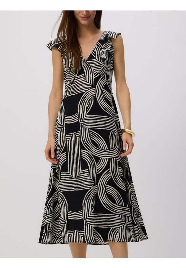 Reserved - Sukienka midi z lyocellu - czarny. Kolor: czarny. Materiał: len. Długość: midi