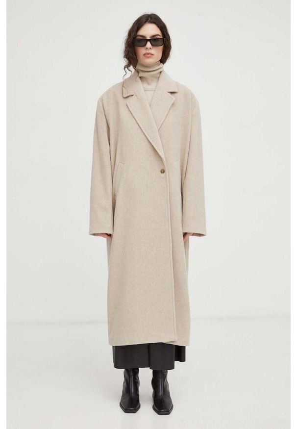 Herskind płaszcz wełniany kolor beżowy przejściowy oversize. Kolor: beżowy. Materiał: wełna. Styl: klasyczny