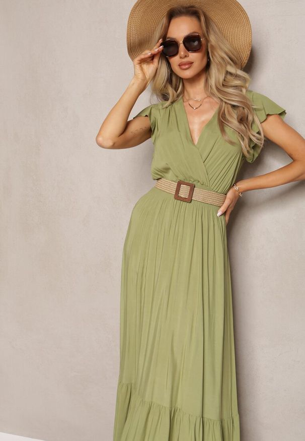 Renee - Zielona Rozkloszowana Sukienka Maxi z Bawełny o Kopertowym Kroju Asmerie. Kolor: zielony. Materiał: bawełna. Sezon: lato. Typ sukienki: kopertowe. Długość: maxi
