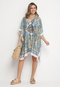 Born2be - Beżowe Lekkie Ponczo Narzutka z Jedwabiu i Wiskozy w Ornamentalny Wzór Azendia. Okazja: na spacer, na plażę, na co dzień. Typ kołnierza: dekolt w kształcie V. Kolor: beżowy. Materiał: jedwab, wiskoza. Wzór: aplikacja. Sezon: lato. Styl: casual, klasyczny #7