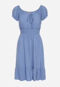 Born2be - Niebieska Wiskozowa Sukienka z Gumkami w Pasie Ściągana przy Dekolcie z Falbanką Tiimamla. Okazja: na spacer. Kolor: niebieski. Materiał: wiskoza. Długość rękawa: krótki rękaw #7