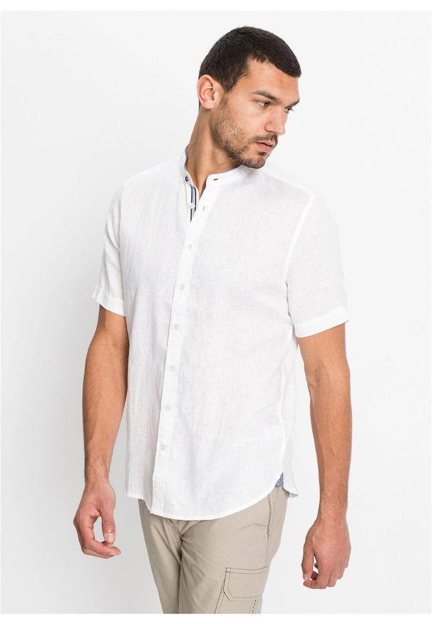 bonprix - Koszula lniana z krótkim rękawem. Okazja: na co dzień. Typ kołnierza: kołnierzyk stójkowy. Kolor: biały. Materiał: len. Długość rękawa: krótki rękaw. Długość: krótkie. Sezon: lato. Styl: casual, elegancki