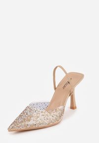 Renee - Ciemnobeżowe Szpilki z Odkrytą Piętą i Transparentnym Noskiem z Cyrkoniami Kalinata. Okazja: na co dzień. Kolor: beżowy. Materiał: jeans, koronka. Wzór: aplikacja. Obcas: na szpilce. Styl: casual, klasyczny, wizytowy #3