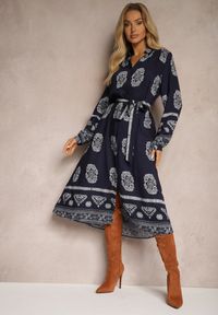 Renee - Granatowa Sukienka Koszulowa Wiązana w Pasie w Stylu Boho Rorisha. Kolor: niebieski. Materiał: tkanina. Typ sukienki: koszulowe. Styl: boho