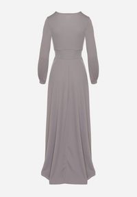 Born2be - Szara Rozkloszowana Sukienka Koktajlowa z Bufiastymi Rękawami i Rozcięciem na Nogę Erqellia. Okazja: na imprezę. Typ kołnierza: dekolt w serek. Kolor: szary. Styl: wizytowy #3