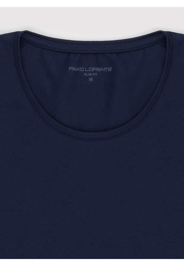 Pako Lorente - PAKO LORENTE – Granatowy gładki T-shirt Basic. Kolor: czarny, niebieski, biały. Materiał: bawełna, elastan. Długość rękawa: krótki rękaw. Długość: krótkie. Wzór: gładki. Styl: klasyczny