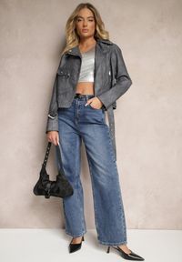 Renee - Szara Kurtka o Kroju Ramoneski z Paskiem ze Sprzączką i Kieszeniami Milvila. Okazja: na co dzień. Kolor: szary. Materiał: jeans. Styl: klasyczny, rockowy, casual, elegancki #3