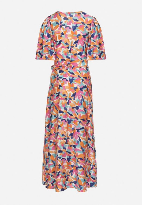 Born2be - Beżowo-Różowa Kopertowa Sukienka w Kwiaty z Materiałowym Paskiem w Talii Quapia. Okazja: na spacer, na co dzień. Typ kołnierza: dekolt w kształcie V. Kolor: beżowy. Materiał: materiał. Wzór: kwiaty. Typ sukienki: kopertowe. Styl: casual, klasyczny