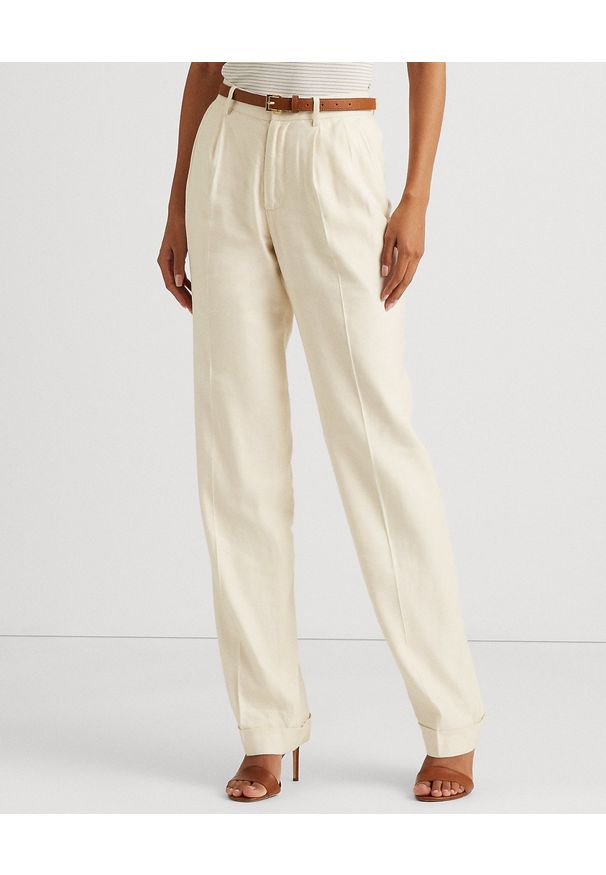 Lauren Ralph Lauren - LAUREN BY RALPH LAUREN - Lniane spodnie z zakładkami. Stan: podwyższony. Kolor: biały. Materiał: len