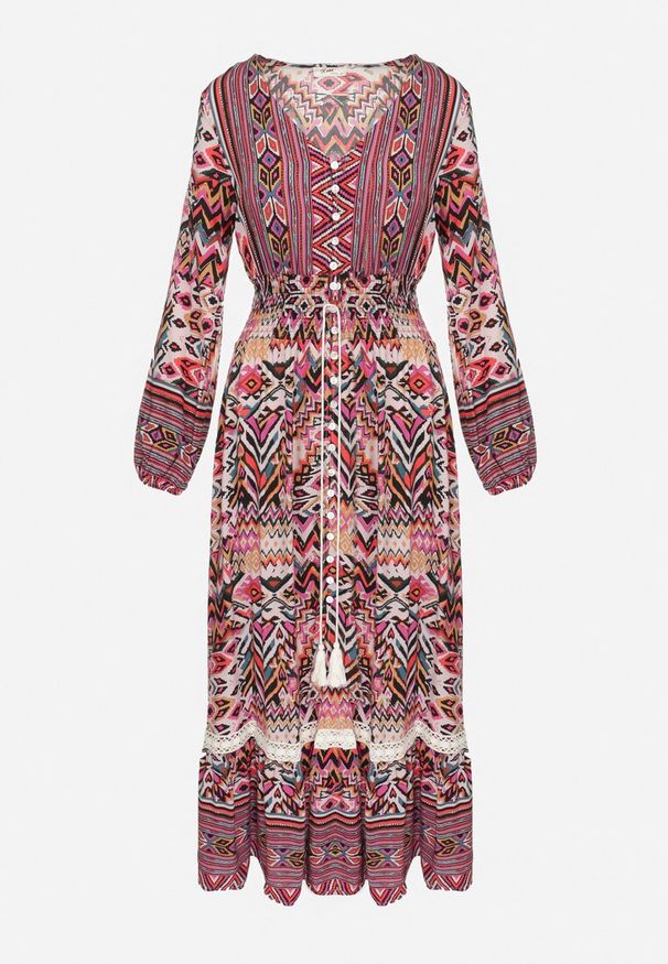 Born2be - Fuksjowa Sukienka z Gumką w Talii w Etno Wzór Tilfa. Okazja: na co dzień. Kolor: różowy. Długość rękawa: długi rękaw. Typ sukienki: proste. Styl: etno