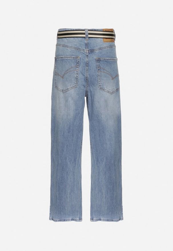 Born2be - Niebieskie Szerokie Jeansy z Bawełny Ozdobione Paskiem Lerillis. Okazja: na co dzień. Kolor: niebieski. Wzór: aplikacja. Styl: elegancki, casual