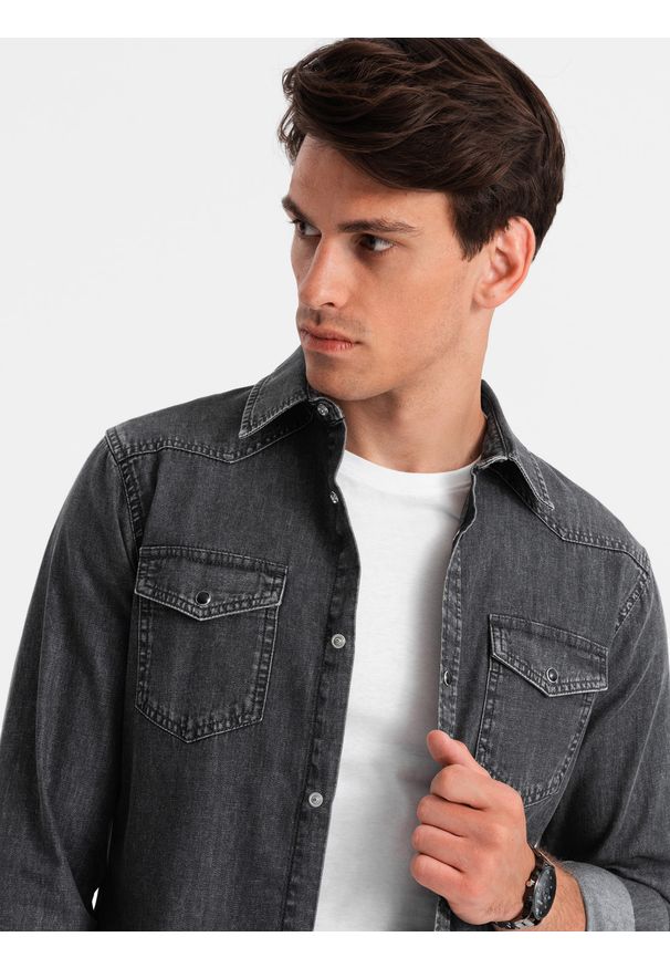 Ombre Clothing - Koszula męska jeansowa na zatrzaski z kieszonkami - czarna V3 OM-SHDS-0115 - XXL. Kolor: czarny. Materiał: jeans