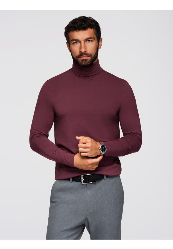 Ombre Clothing - Longsleeve męski gładki z golfem - bordowy V6 - Rozmiar: L. Okazja: na co dzień. Typ kołnierza: golf. Kolor: czerwony. Materiał: dzianina, elastan, bawełna, jeans. Długość rękawa: długi rękaw. Wzór: gładki. Sezon: zima, jesień. Styl: casual, elegancki, klasyczny