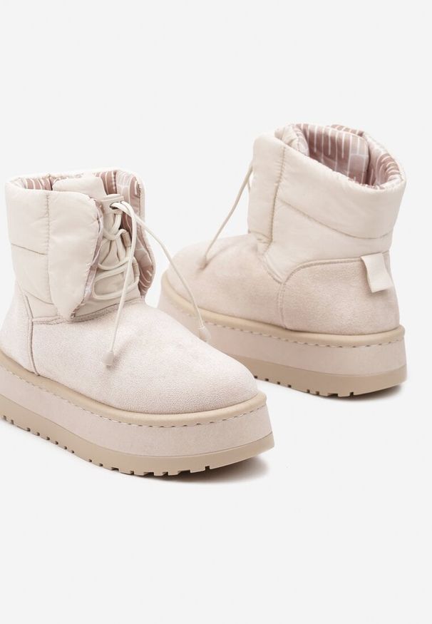 Born2be - Beżowe Pikowane Sznurowane Śniegowce na Grubej Podeszwie Mazilia. Okazja: na co dzień. Zapięcie: sznurówki. Kolor: beżowy. Materiał: wełna, jeans. Sezon: zima. Obcas: na obcasie. Styl: elegancki, casual. Wysokość obcasa: średni