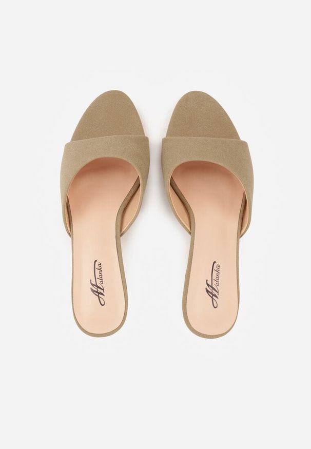 Renee - Ciemnobeżowe Klapki na Obcasie Kaczuszka z Odkrytym Noskiem Nadah. Kolor: beżowy. Materiał: koronka. Obcas: na obcasie. Styl: elegancki. Wysokość obcasa: średni