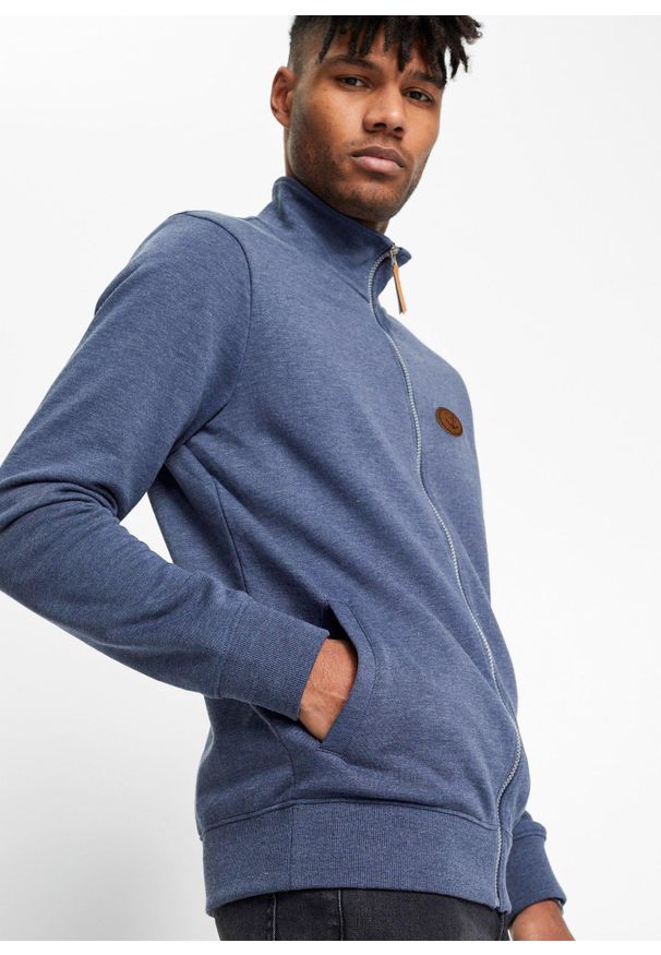 bonprix - Bluza rozpinana ze stójką i detalami z imitacji skóry. Typ kołnierza: kołnierzyk stójkowy. Kolor: niebieski. Materiał: skóra