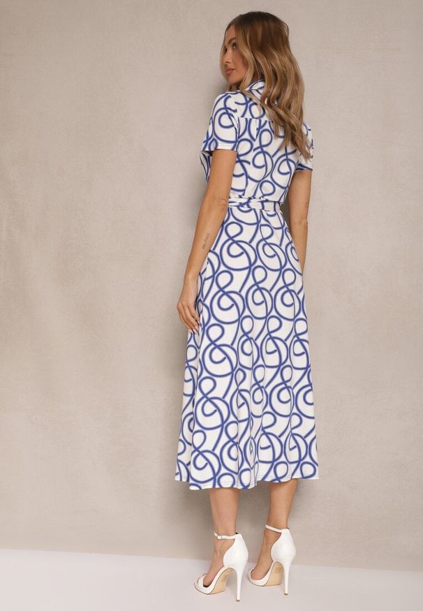 Renee - Niebieska Sukienka z Wiskozą o Koszulowym Kroju z Geometrycznym Wzorem Saravione. Kolor: niebieski. Materiał: wiskoza. Wzór: geometria. Sezon: lato. Typ sukienki: koszulowe. Styl: elegancki, klasyczny