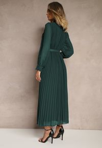 Renee - Ciemnozielona Plisowana Sukienka Maxi z Koronką i Paskiem Venila. Kolor: zielony. Materiał: koronka. Wzór: koronka. Długość: maxi #4