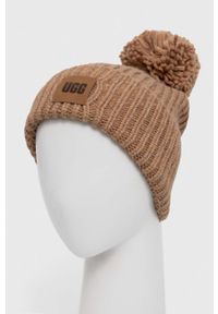 Ugg - UGG czapka z domieszką wełny kolor brązowy z grubej dzianiny. Kolor: brązowy. Materiał: wełna, dzianina #2
