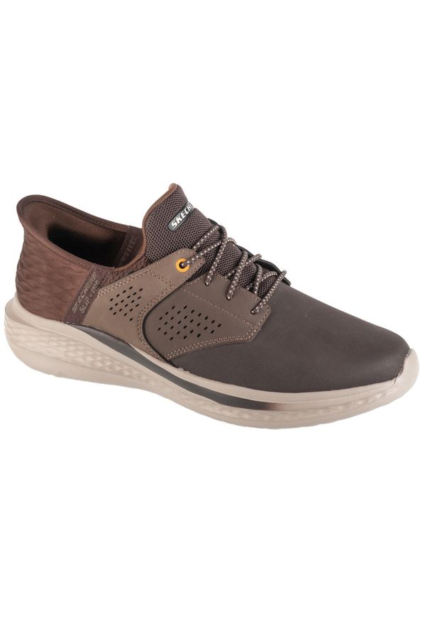 skechers - Buty sportowe Sneakersy męskie, Slip-Ins: Slade - Macklin. Kolor: brązowy. Materiał: syntetyk, tkanina. Model: Skechers Sport. Sport: turystyka piesza