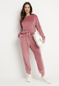 Born2be - Ciemnoróżowy Welurowy Komplet Dresowy Bluza i Spodnie Typu Jogger Lisilwena. Kolor: różowy. Materiał: dresówka, welur. Sport: turystyka piesza #7