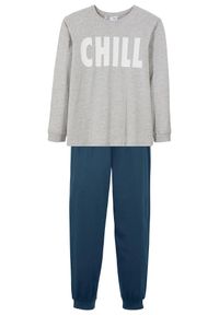 bonprix - Piżama z miękkiej bawełny organicznej (2 części). Kolor: szary. Materiał: bawełna. Długość: długie. Wzór: nadruk, napisy #1