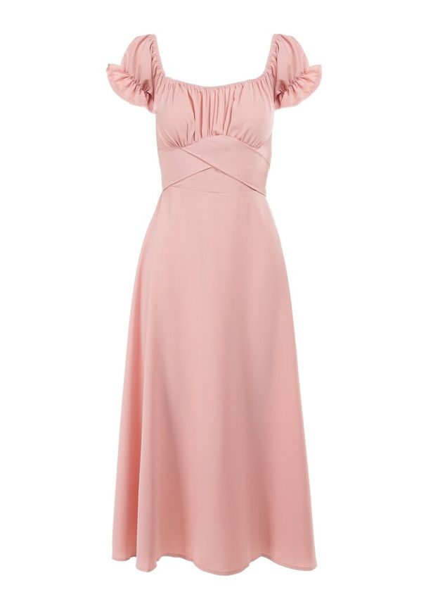 Born2be - Różowa Sukienka Midi z Dekoltem Carmen i Bufiastymi Rękawkami Amarhis. Okazja: na imprezę, na co dzień. Typ kołnierza: typu carmen. Kolor: różowy. Wzór: aplikacja. Typ sukienki: proste. Długość rękawa: krótki rękaw. Sezon: lato. Styl: elegancki, casual, klasyczny. Długość: midi