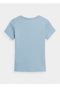 4f - T-shirt slim z prążkowanej dzianiny damski. Kolor: niebieski. Materiał: dzianina, prążkowany. Wzór: haft, nadruk