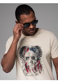 Ombre Clothing - Bawełniany t-shirt męski z nadrukiem w stylu rockowym – kremowy V1 - Rozmiar: S. Kolor: kremowy. Materiał: bawełna. Wzór: nadruk. Styl: rockowy