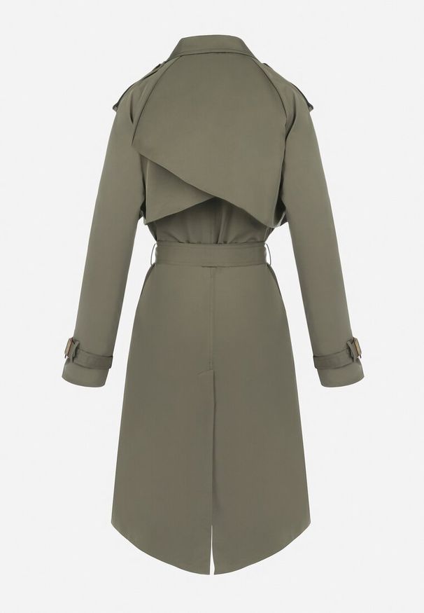 Born2be - Ciemnozielony Płaszcz Trencz Dwurzędowy z Paskiem Cloimia. Okazja: na co dzień. Kolor: zielony. Materiał: dzianina, tkanina. Długość rękawa: długi rękaw. Długość: do kolan. Sezon: wiosna, jesień. Styl: wizytowy, casual, klasyczny, elegancki