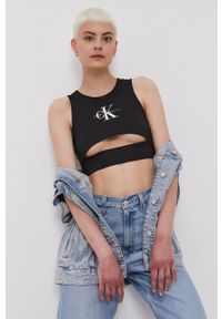 Calvin Klein Jeans Top damski kolor czarny. Kolor: czarny. Długość rękawa: na ramiączkach. Wzór: nadruk
