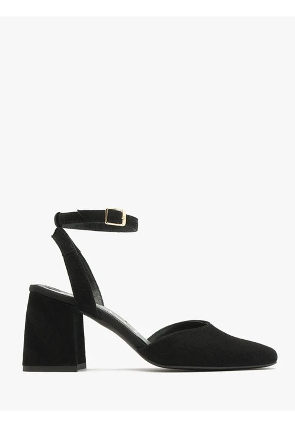 Ryłko - Welurowe czółenka z paskiem wokół kostki. Zapięcie: pasek. Kolor: czarny. Materiał: skóra, welur. Obcas: na obcasie. Wysokość obcasa: średni