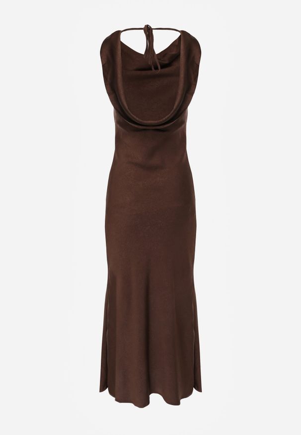 Born2be - Brązowa Satynowa Sukienka na Ozdobnych Ramiączkach z Dekoltem Woda Avalentara. Okazja: na co dzień, na imprezę. Typ kołnierza: dekolt woda. Kolor: brązowy. Materiał: satyna. Długość rękawa: na ramiączkach. Typ sukienki: proste. Styl: casual, elegancki