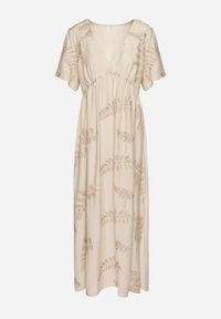 Born2be - Beżowa Wiskozowa Sukienka z Metalicznymi Haftami Helvesia. Okazja: na co dzień. Typ kołnierza: dekolt w kształcie V. Kolor: beżowy. Materiał: wiskoza. Wzór: haft. Styl: casual, elegancki #3