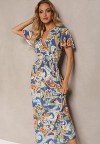 Renee - Niebieska Rozkloszowana Sukienka z Bawełny o Kopertowym Kroju w Print Paisley Piavella. Okazja: na co dzień. Kolor: niebieski. Materiał: bawełna. Wzór: paisley, nadruk. Typ sukienki: kopertowe. Styl: elegancki, casual #3